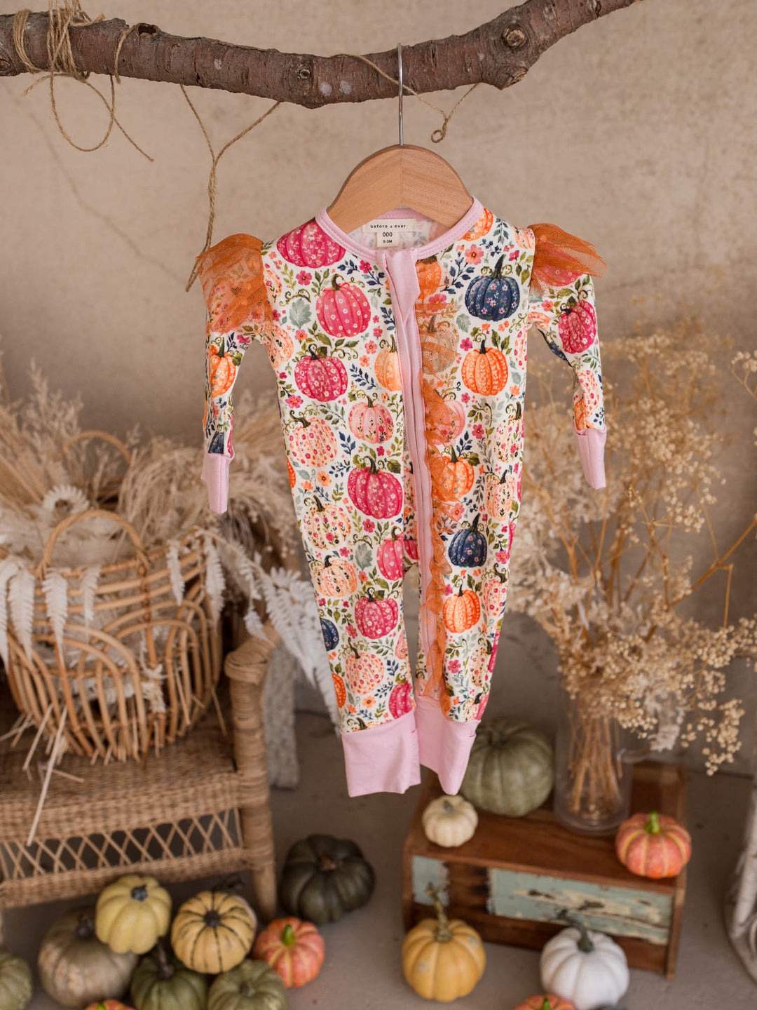 Patch Perfect pink and coral pumpkin zip onesie for baby girl with rust tulle frills, front view - Before & Ever Kids