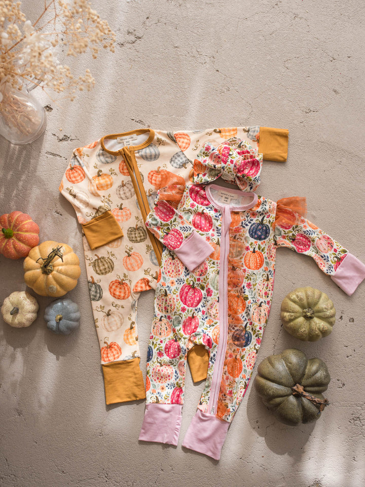 Patch Perfect and Patch Ready pumpkin baby onesies with matching topknot headwrap - Before & Ever Kids