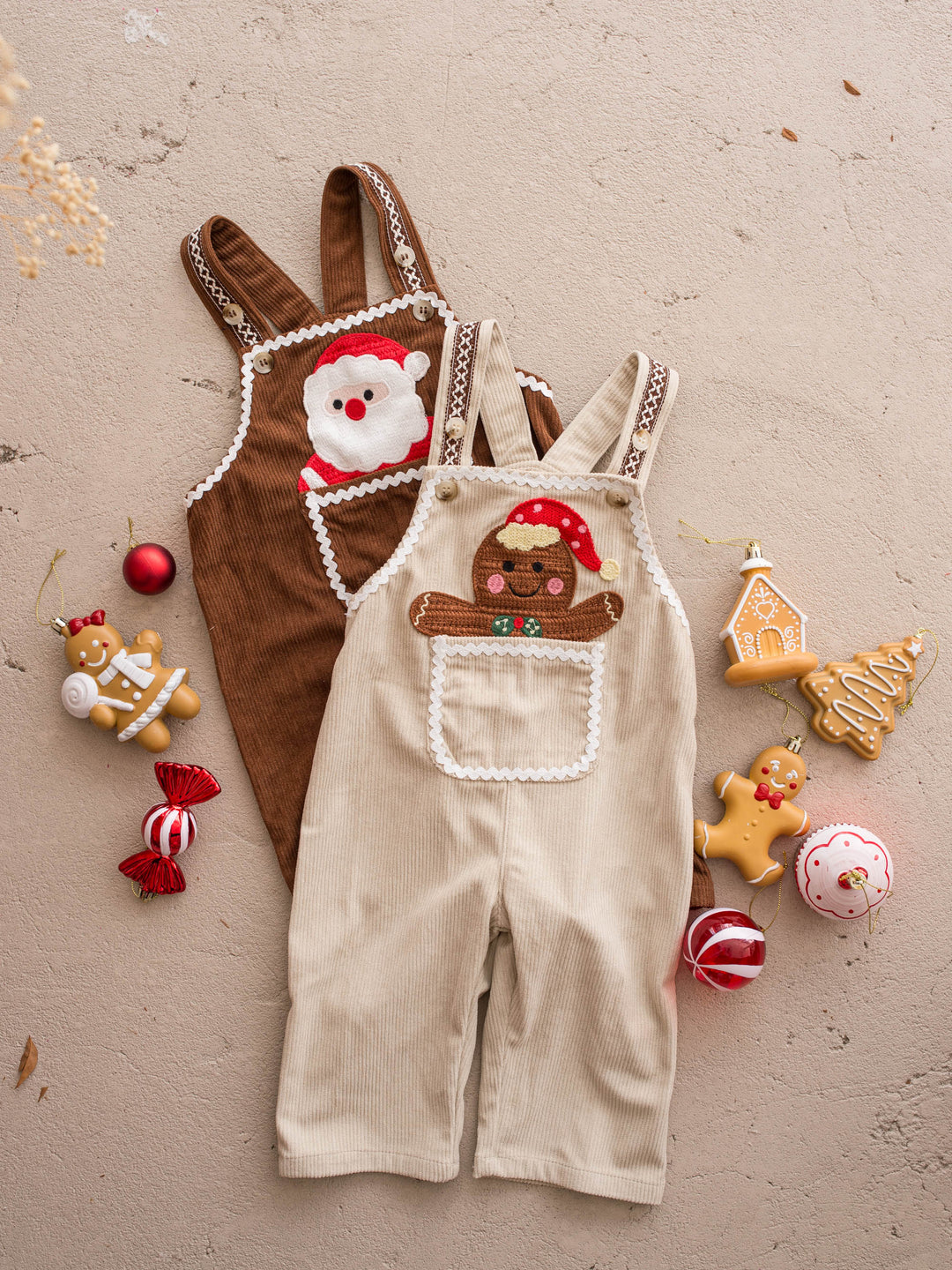 Peekaboo Overall in Gingerbread, cream cotton corduroy overall with a gingerbread man pocket, laid flat, full front, gingerbread man appliqué in the front pocket - Before & Ever Kids