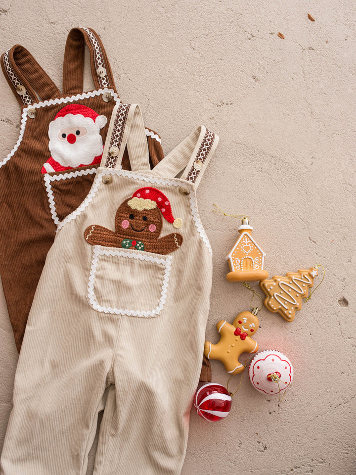 Peekaboo Overall in Gingerbread, cream cotton corduroy overall with a gingerbread man pocket, beside the chocolate Santa Peekaboo overall - Before & Ever Kids