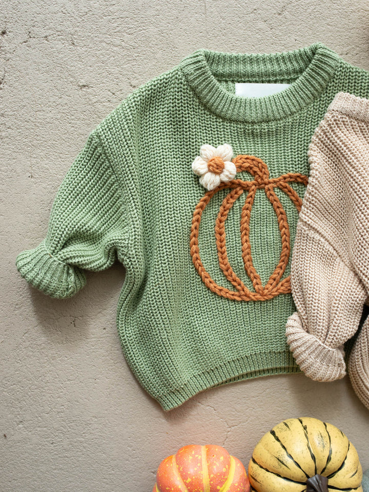 Pumpkin Bloom sage green cotton knit sweater with pumpkin embroidery - Before & Ever Kids