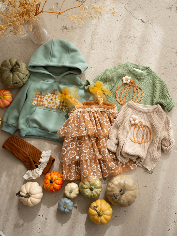 Pumpkin Bloom sage green cotton knit sweater with pumpkin embroidery - Before & Ever Kids