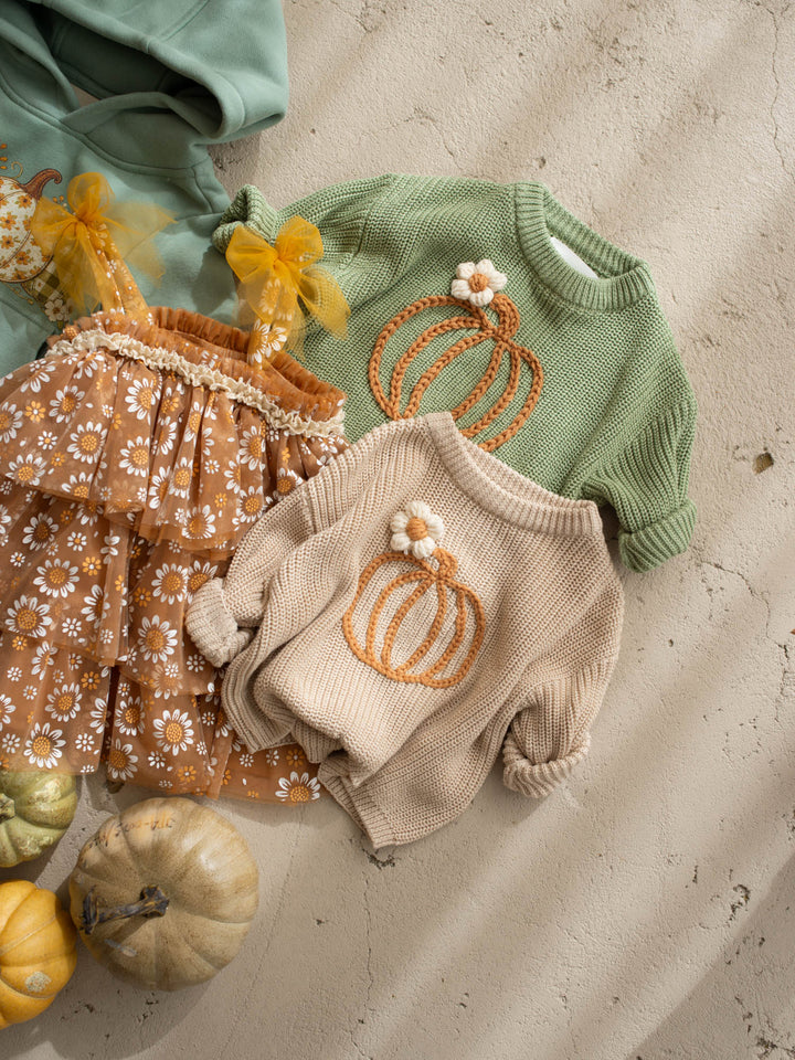 Pumpkin Bloom sage green cotton knit sweater with pumpkin embroidery - Before & Ever Kids