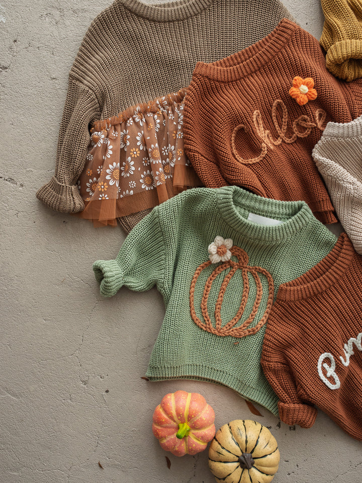 Pumpkin Bloom sage green cotton knit sweater with pumpkin embroidery - Before & Ever Kids