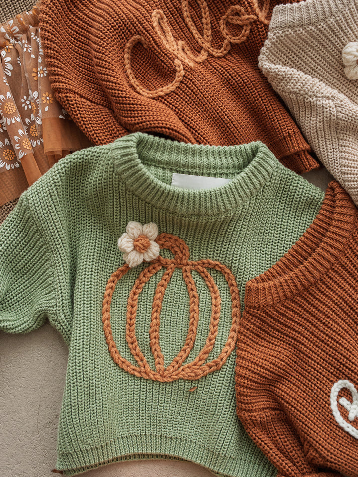 Pumpkin Bloom sage green cotton knit sweater with pumpkin embroidery - Before & Ever Kids