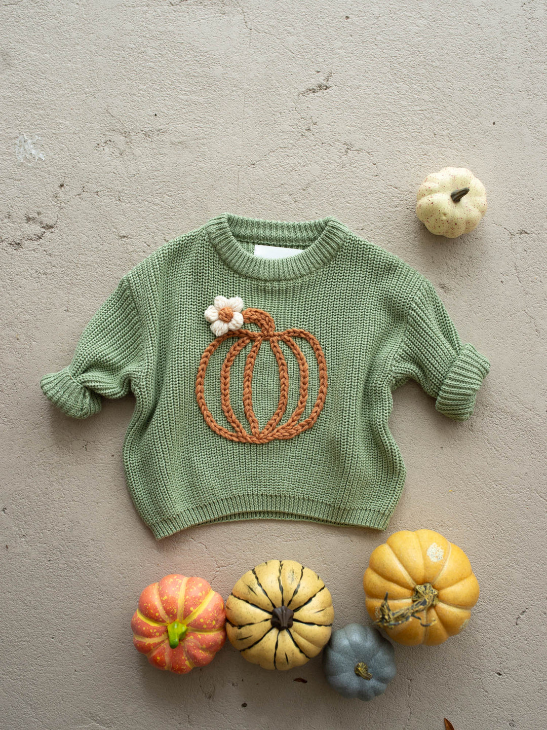 Pumpkin Bloom sage green cotton knit sweater with pumpkin embroidery - Before & Ever Kids