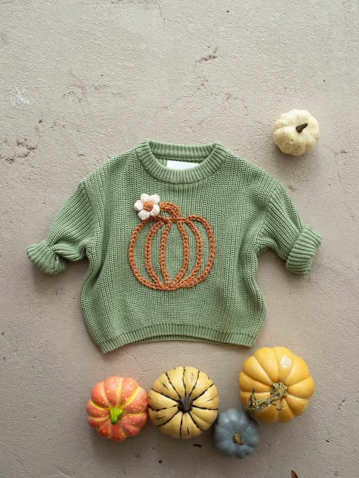 Pumpkin Bloom sage green cotton knit sweater with pumpkin embroidery - Before & Ever Kids