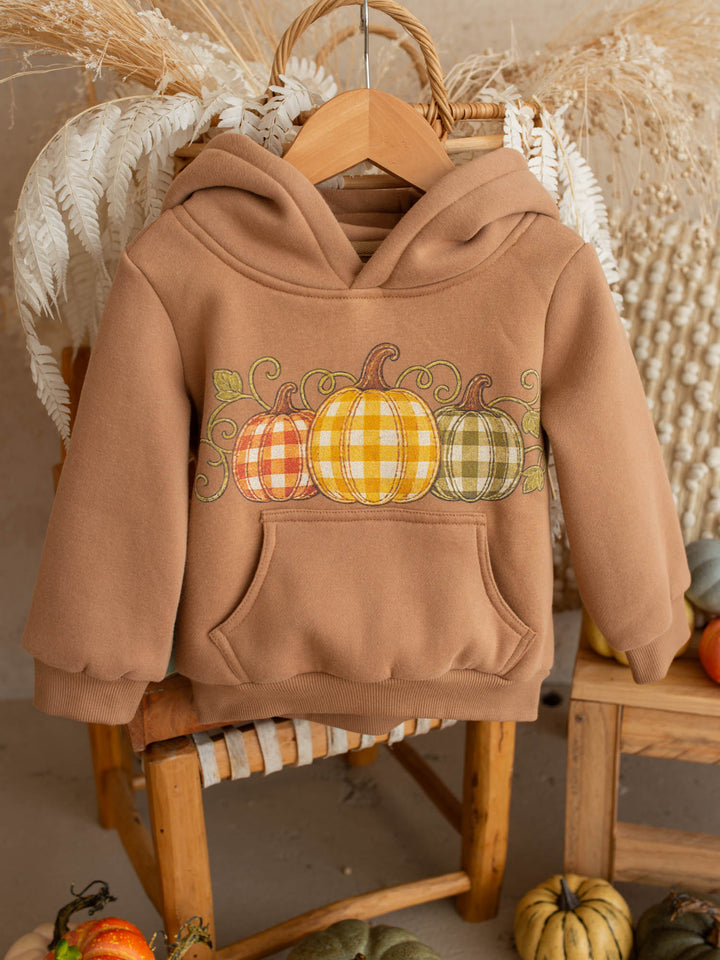 Pumpkin Patch mocha hooded top with pumpkin plaid print - Before & Ever Kids