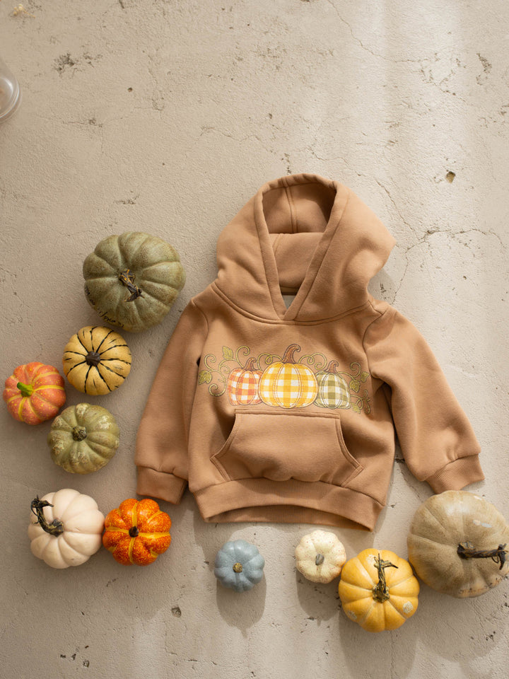 Pumpkin Patch mocha hooded top with pumpkin plaid print - Before & Ever Kids