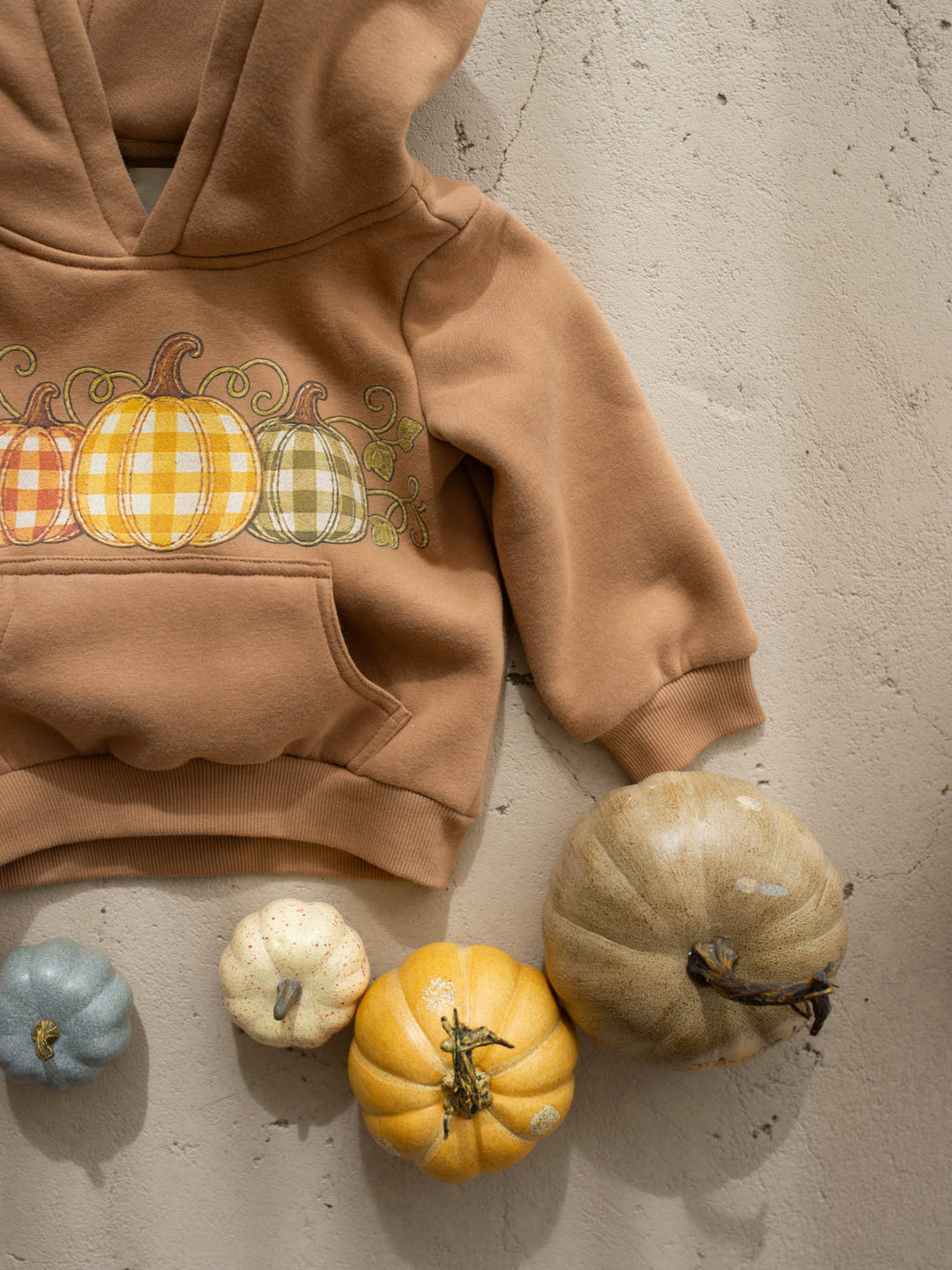 Pumpkin Patch mocha hooded top with pumpkin plaid print - Before & Ever Kids