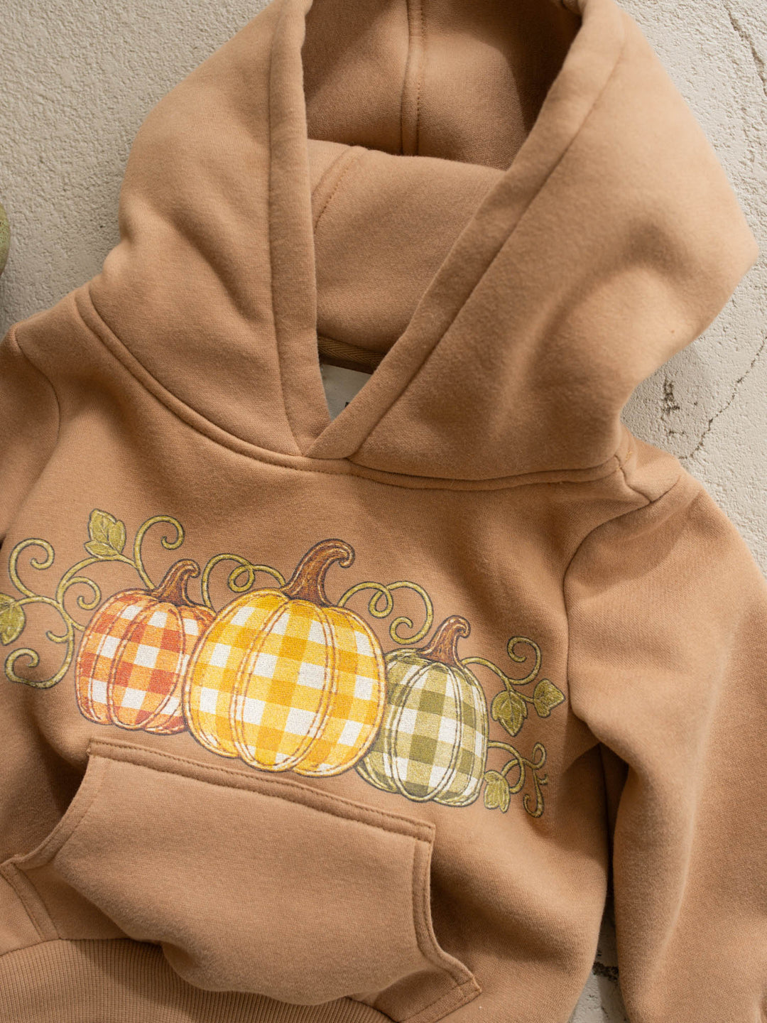 Pumpkin Patch mocha hooded top with pumpkin plaid print - Before & Ever Kids