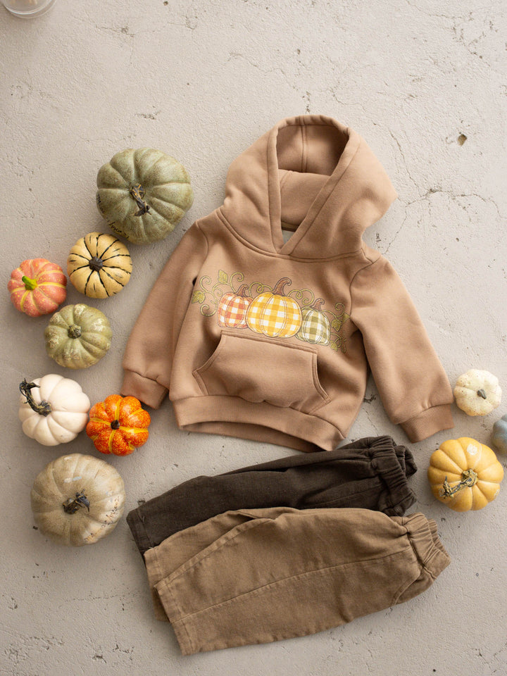 Pumpkin Patch mocha hooded top with pumpkin plaid print - Before & Ever Kids