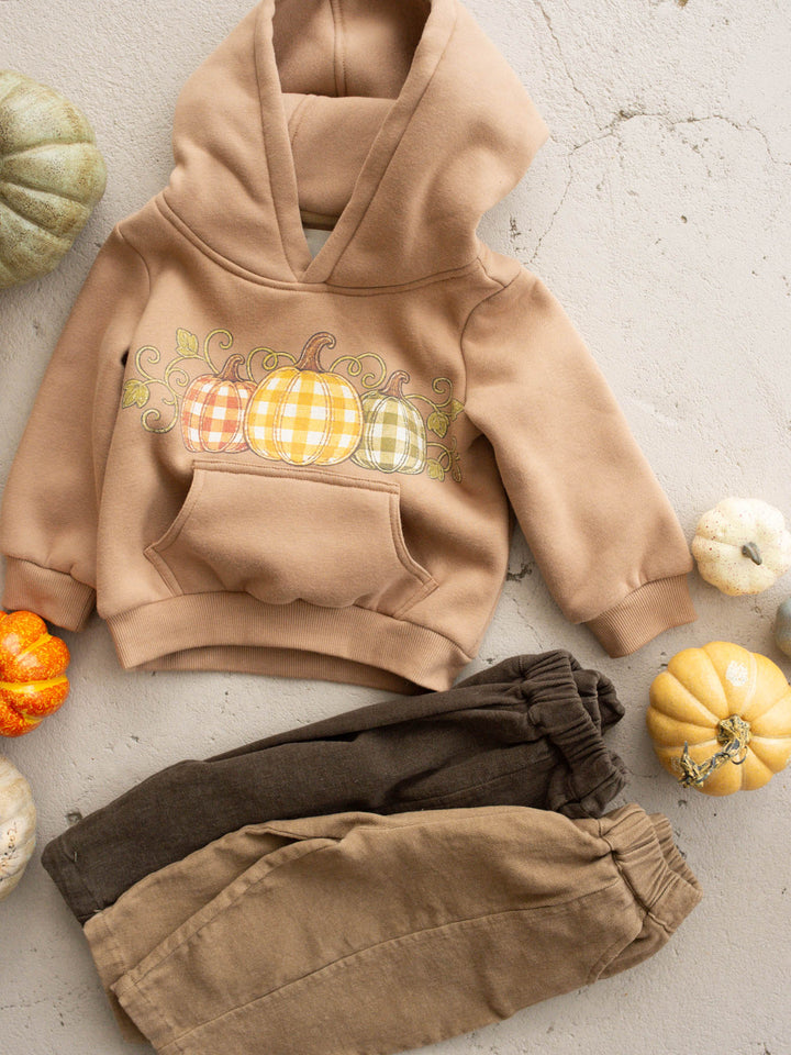 Pumpkin Patch mocha hooded top with pumpkin plaid print - Before & Ever Kids