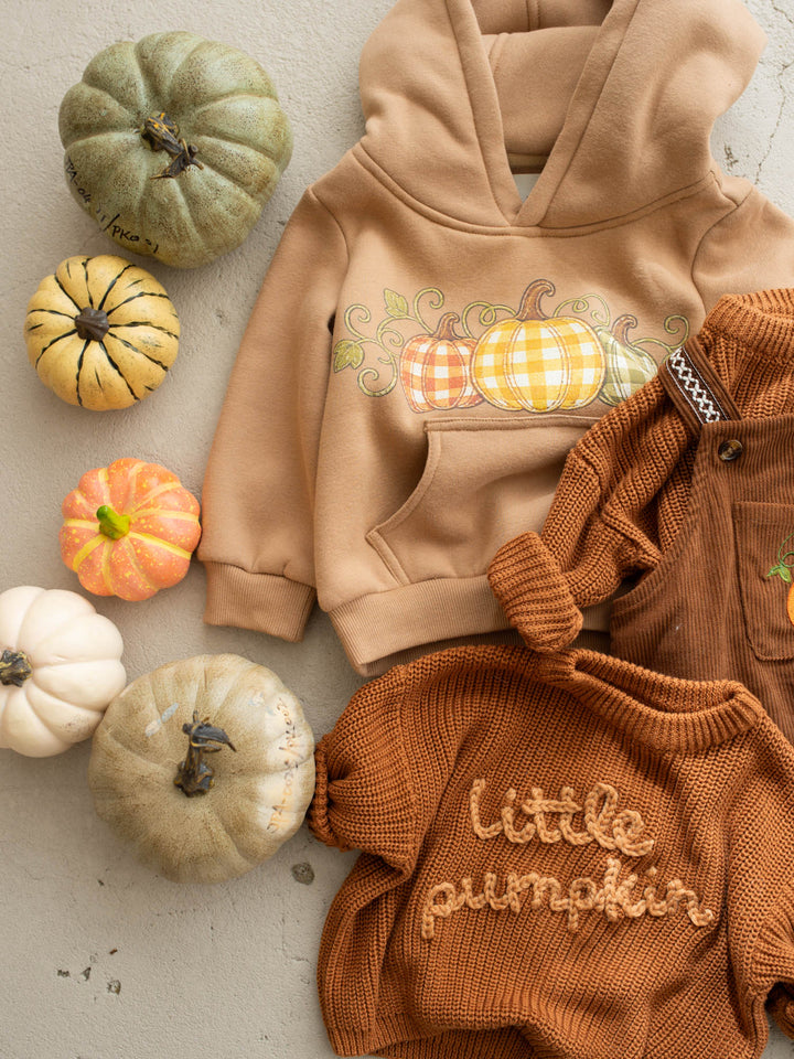 Pumpkin Patch mocha hooded top with pumpkin plaid print - Before & Ever Kids
