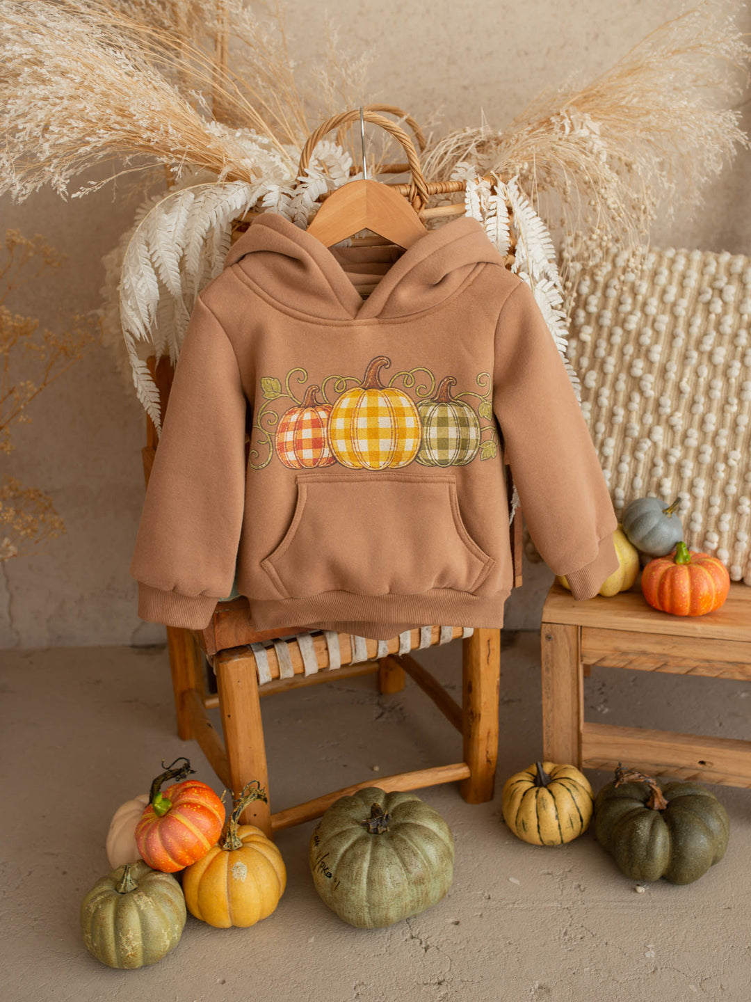 Pumpkin Patch mocha hooded top with pumpkin plaid print - Before & Ever Kids