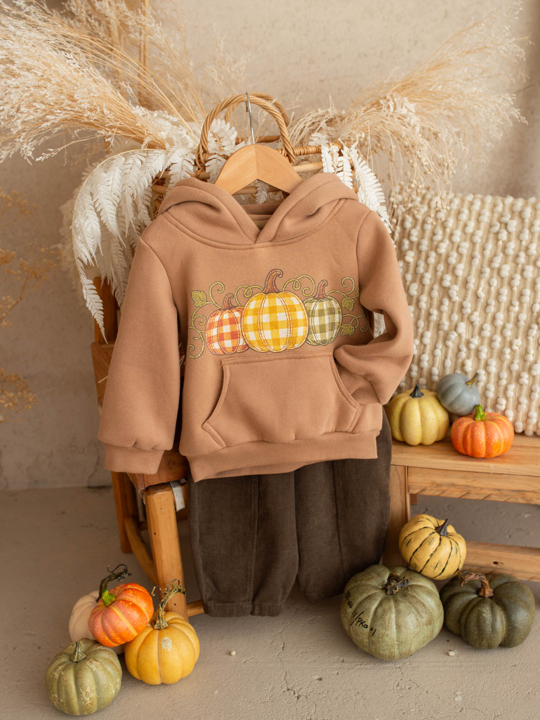 Pumpkin Patch mocha hooded top with pumpkin plaid print - Before & Ever Kids
