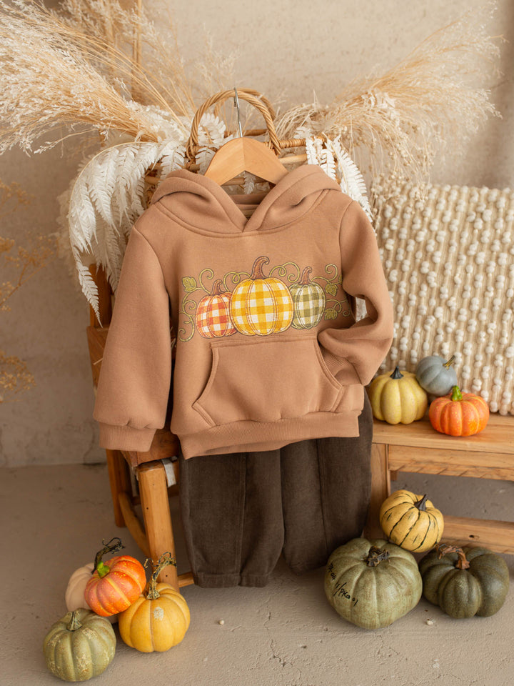 Pumpkin Patch mocha hooded top with pumpkin plaid print - Before & Ever Kids