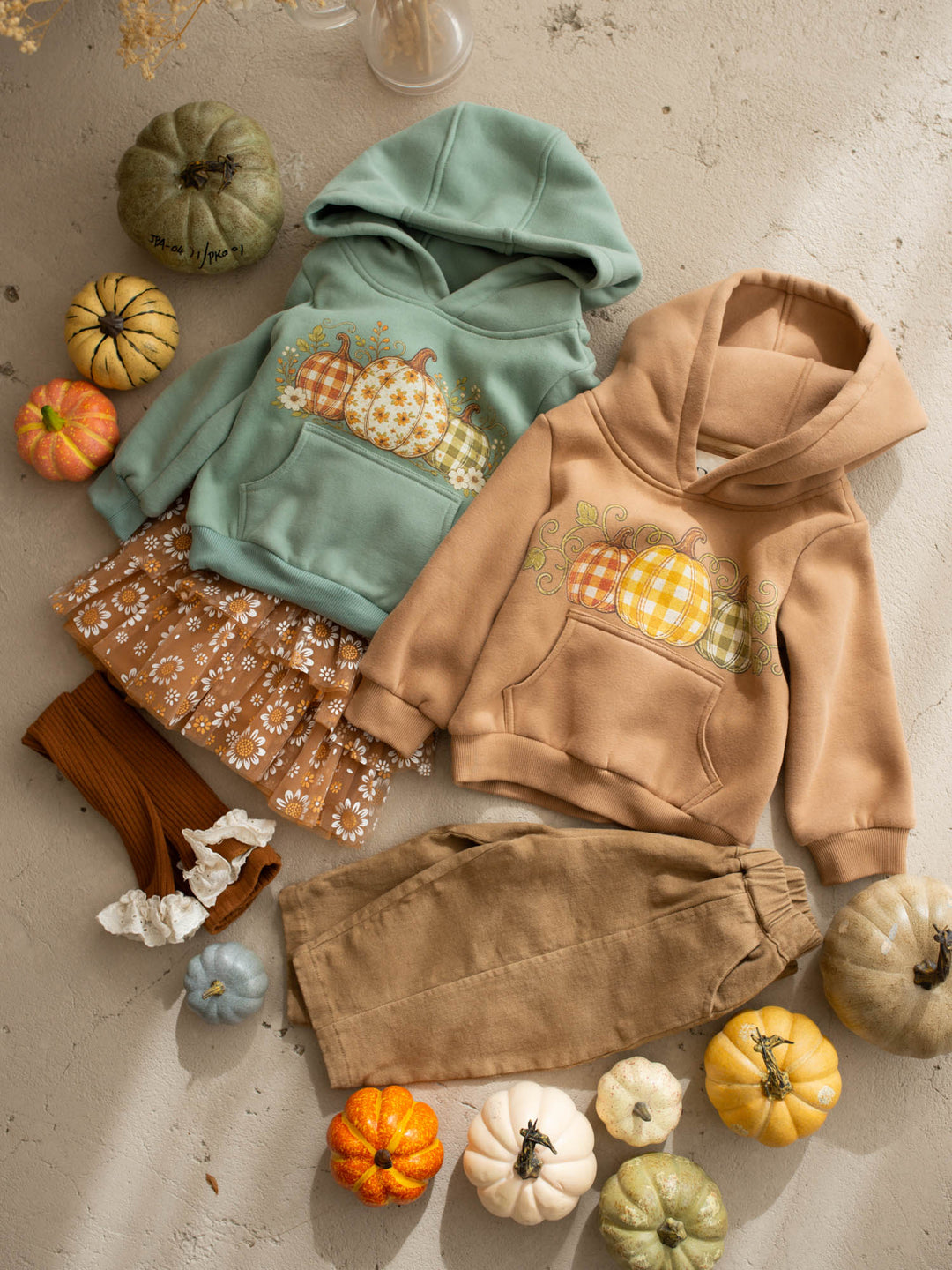 Pumpkin Patch mocha hooded top with pumpkin plaid print - Before & Ever Kids