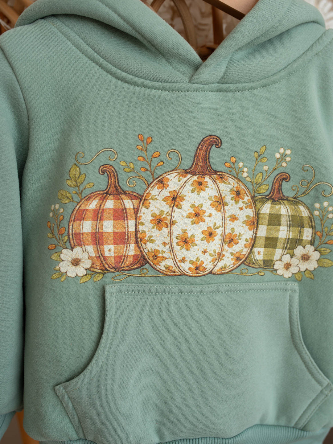 Pumpkin Patch sage hooded top with three-pumpkin print - Before & Ever Kids