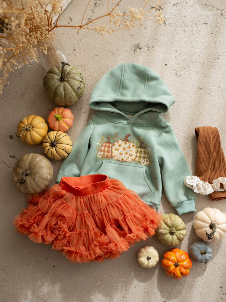 Pumpkin Patch sage hooded top with three-pumpkin print - Before & Ever Kids