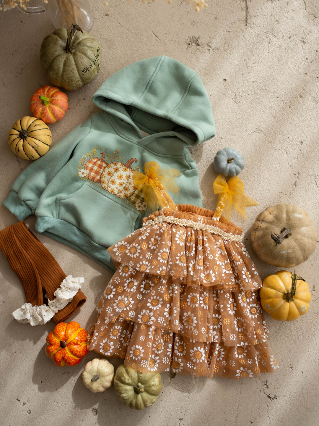 Pumpkin Patch sage hooded top with three-pumpkin print - Before & Ever Kids