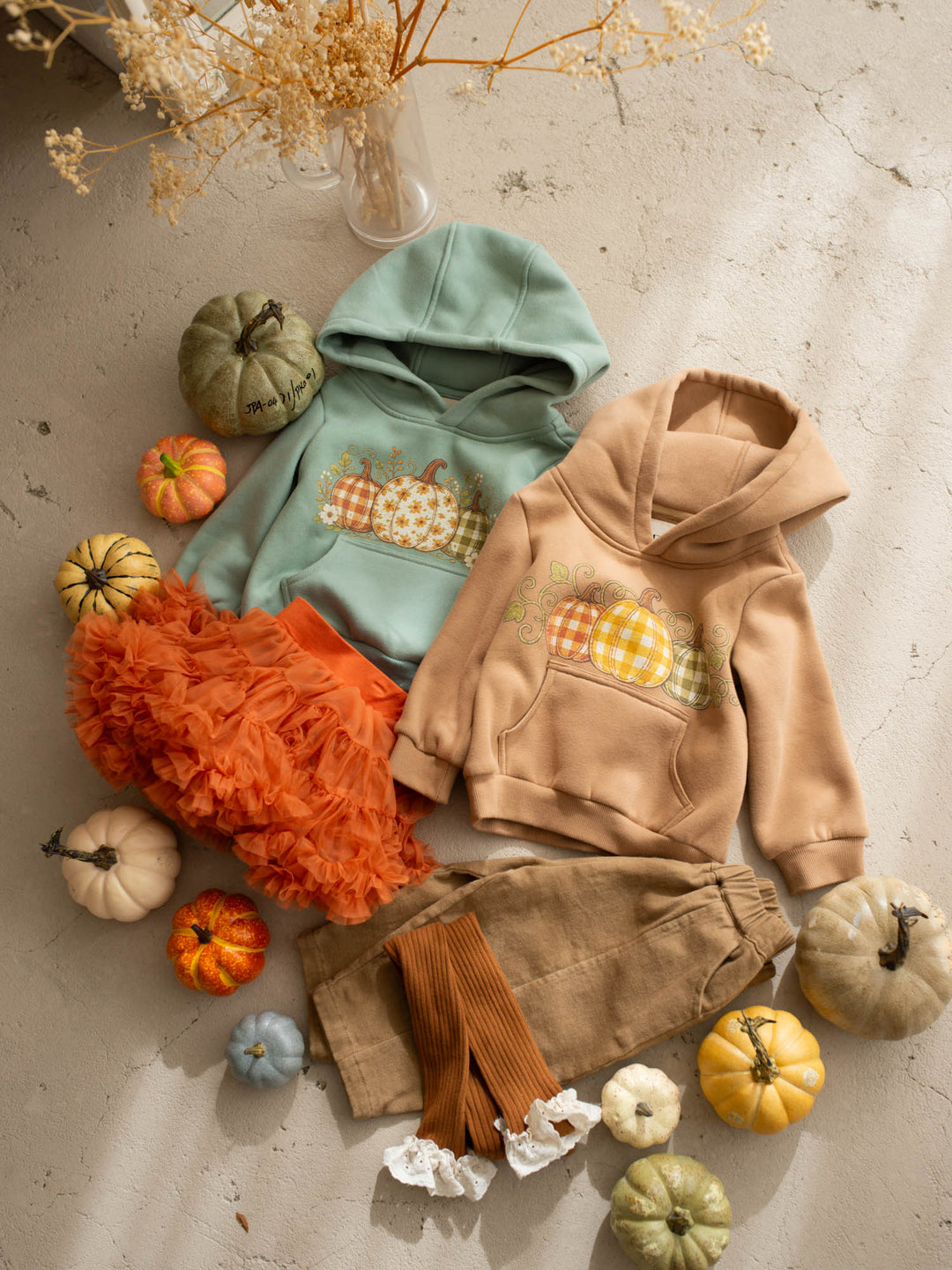Pumpkin Patch sage hooded top with three-pumpkin print - Before & Ever Kids