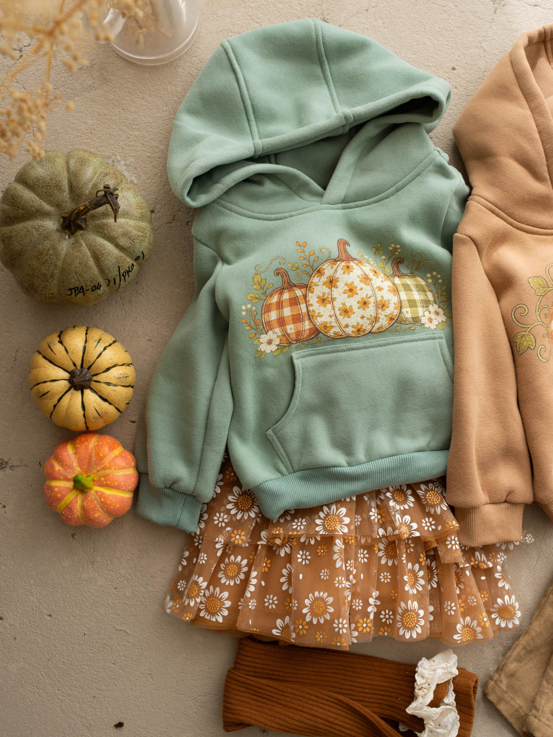 Pumpkin Patch sage hooded top with three-pumpkin print - Before & Ever Kids