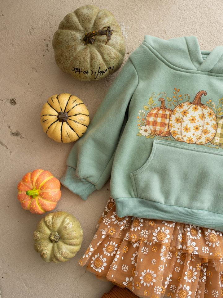 Pumpkin Patch sage hooded top with three-pumpkin print - Before & Ever Kids