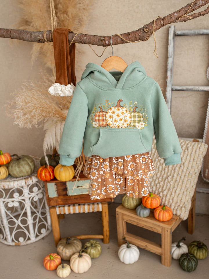 Pumpkin Patch sage hooded top with three-pumpkin print - Before & Ever Kids