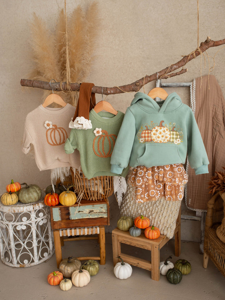 Pumpkin Patch sage hooded top with three-pumpkin print - Before & Ever Kids