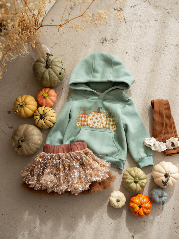 Pumpkin Patch sage hooded top with three-pumpkin print - Before & Ever Kids