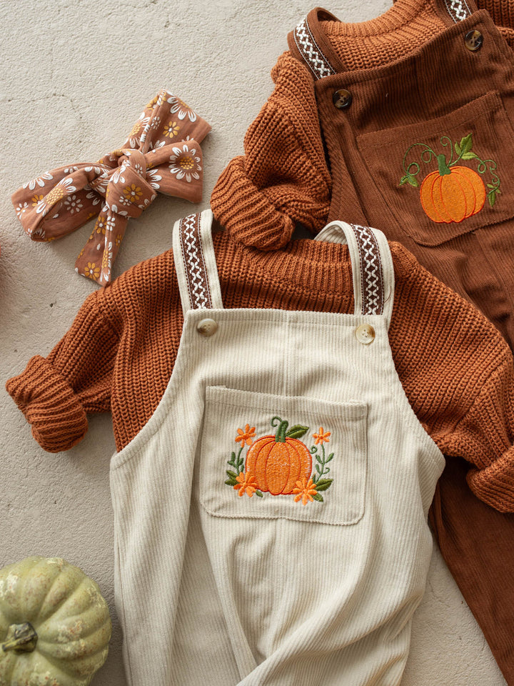 Pumpkin Patch oatmeal cotton corduroy overalls with floral pumpkin embroidery - Before & Ever Kids