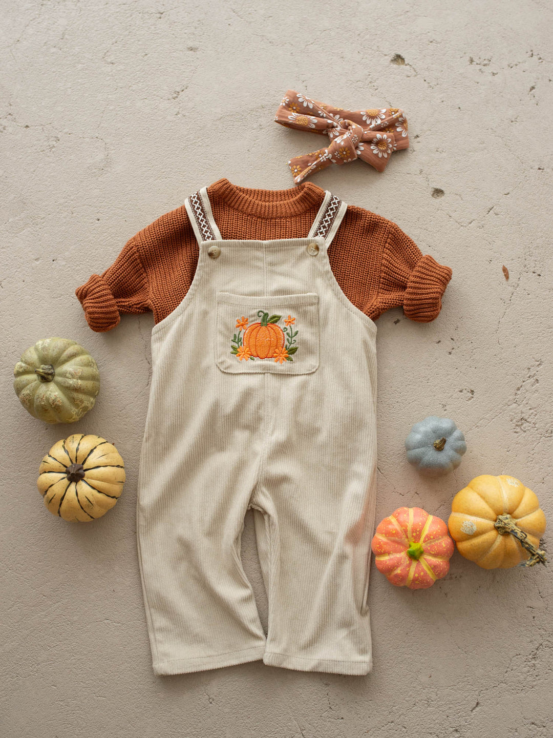 Pumpkin Patch oatmeal cotton corduroy overalls with floral pumpkin embroidery - Before & Ever Kids