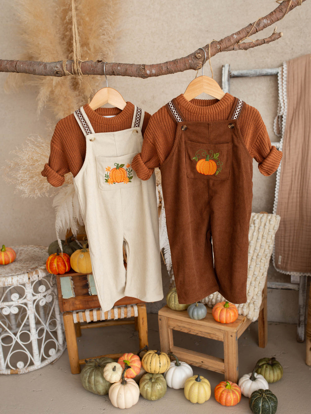 Pumpkin Patch oatmeal cotton corduroy overalls with floral pumpkin embroidery - Before & Ever Kids