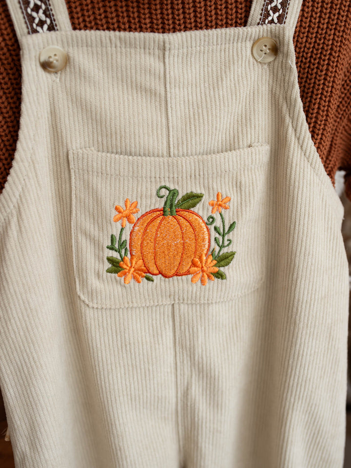 Pumpkin Patch oatmeal cotton corduroy overalls with floral pumpkin embroidery - Before & Ever Kids