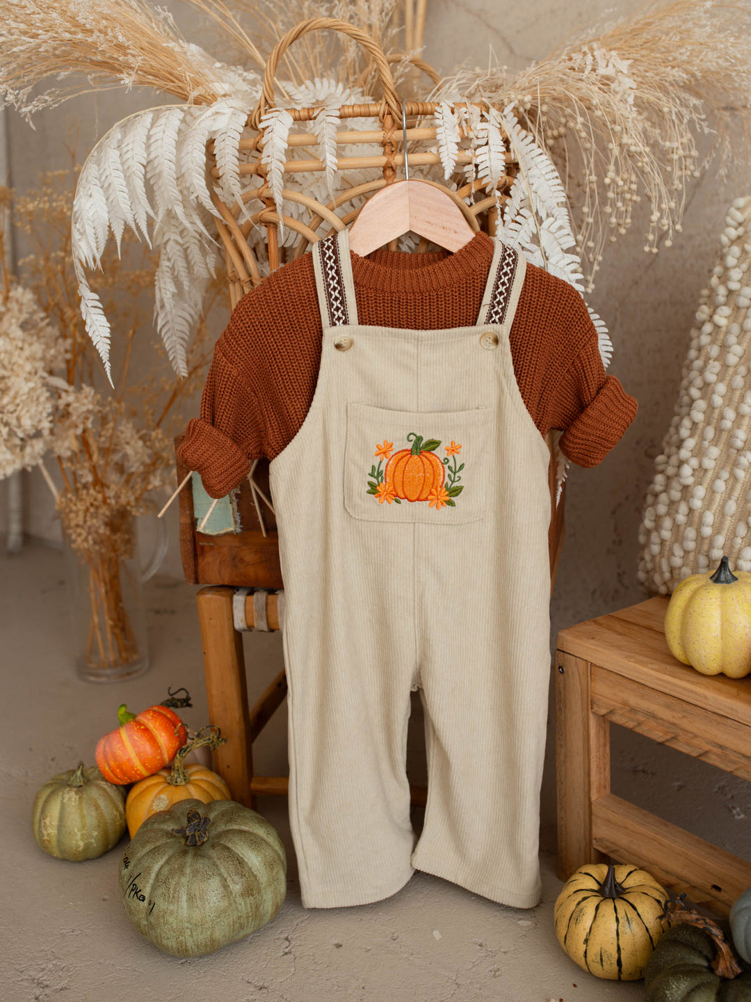 Pumpkin Patch oatmeal cotton corduroy overalls with floral pumpkin embroidery - Before & Ever Kids
