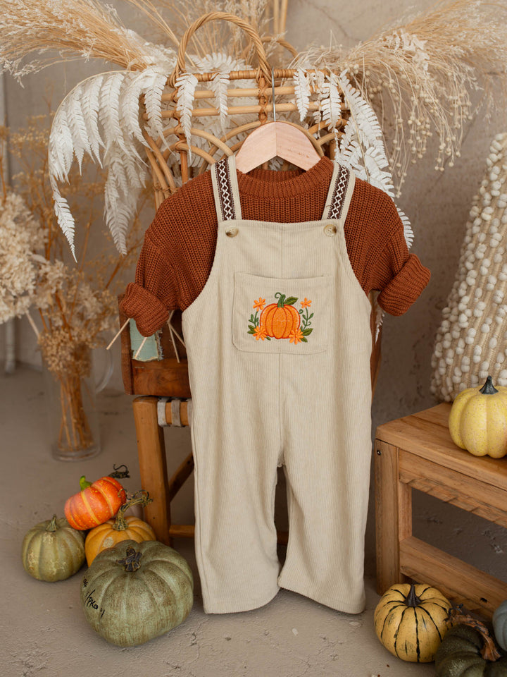 Pumpkin Patch oatmeal cotton corduroy overalls with floral pumpkin embroidery - Before & Ever Kids