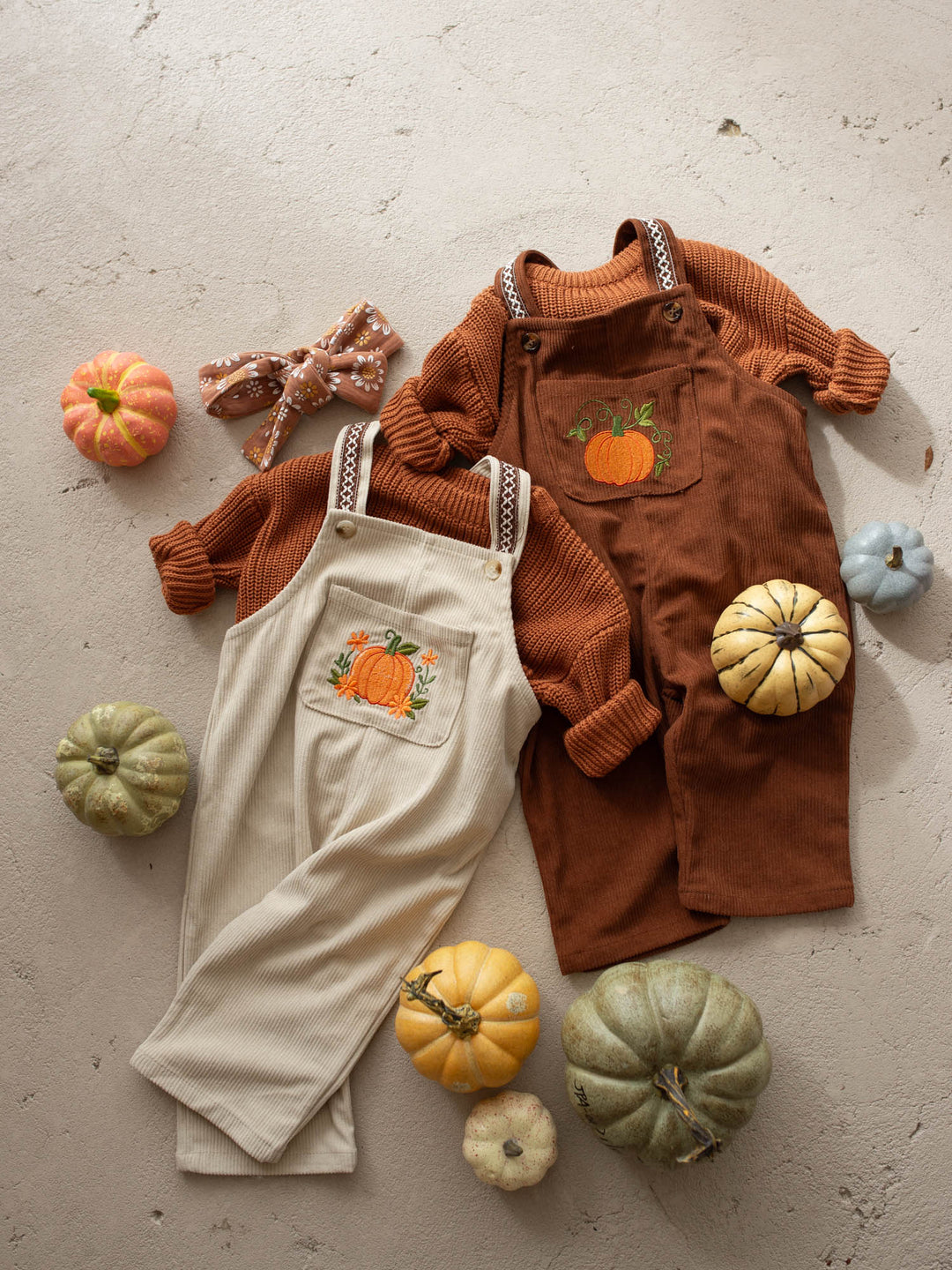 Pumpkin Patch oatmeal cotton corduroy overalls with floral pumpkin embroidery - Before & Ever Kids