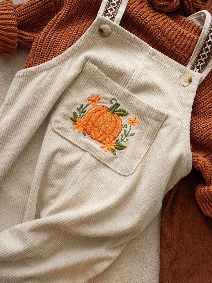 Pumpkin Patch oatmeal cotton corduroy overalls with floral pumpkin embroidery - Before & Ever Kids