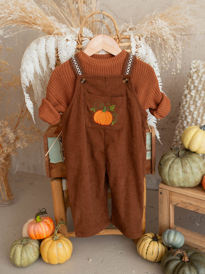 Pumpkin Patch rust cotton corduroy overalls with pumpkin and vine embroidery - Before & Ever Kids