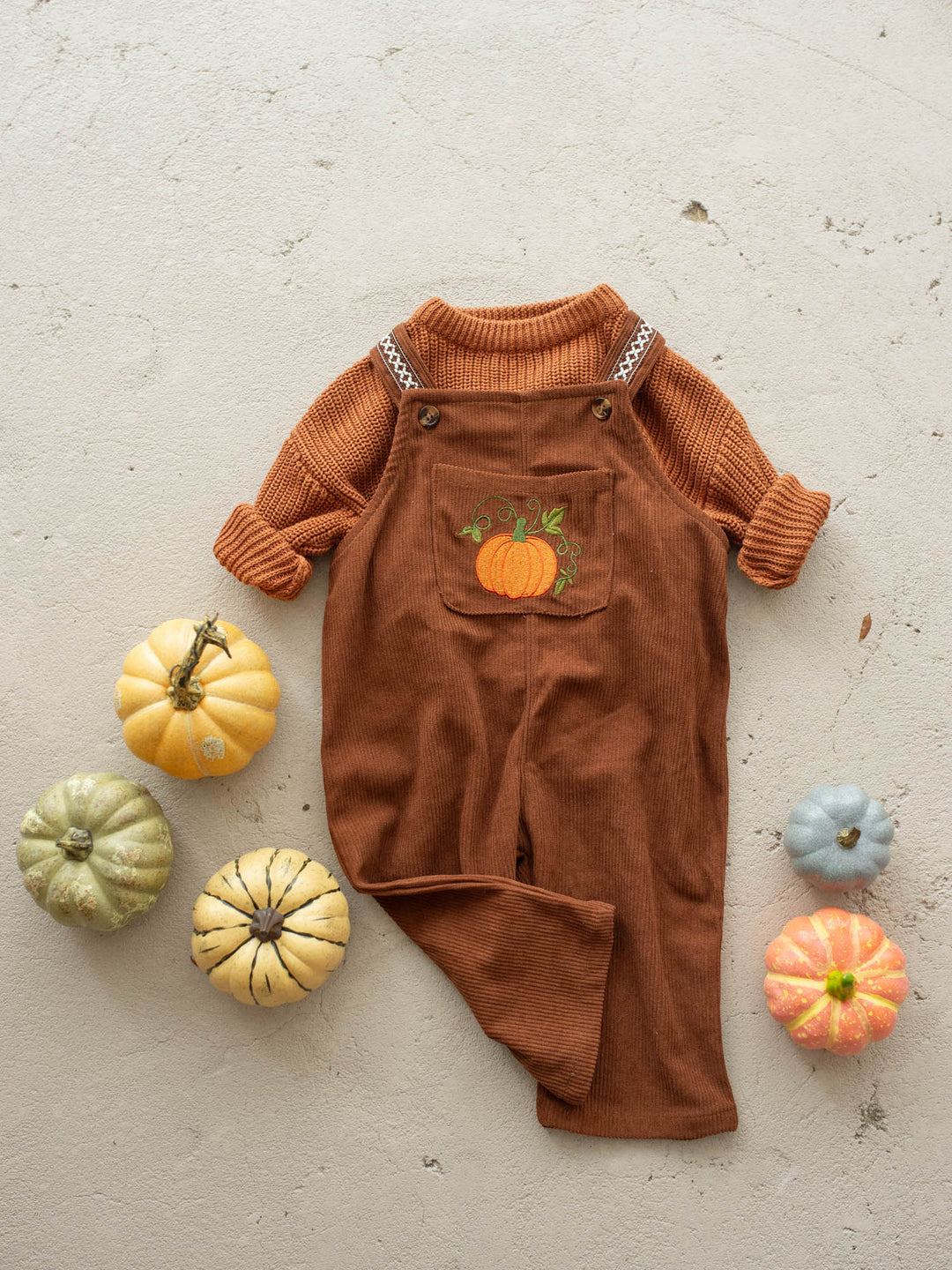 Pumpkin Patch rust cotton corduroy overalls with pumpkin and vine embroidery - Before & Ever Kids