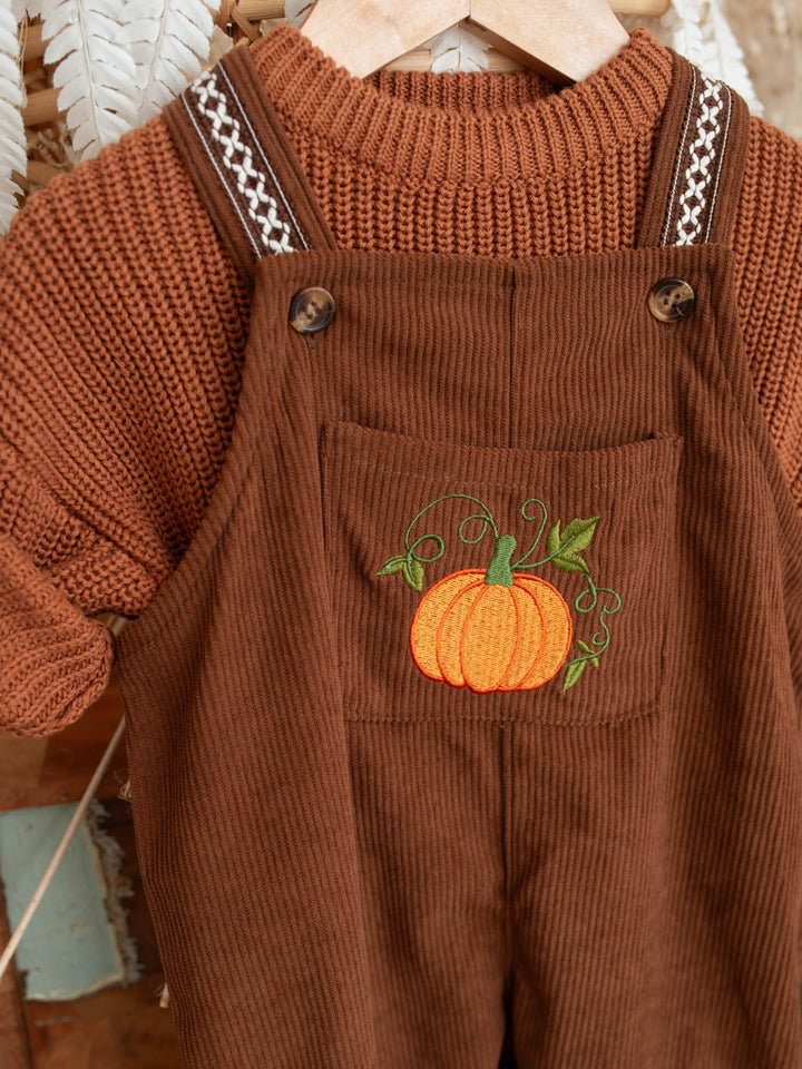 Pumpkin Patch rust cotton corduroy overalls with pumpkin and vine embroidery - Before & Ever Kids