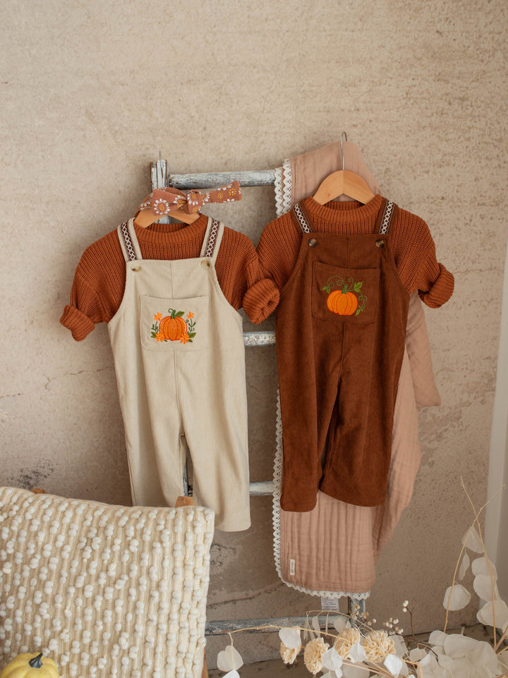 Pumpkin Patch rust cotton corduroy overalls with pumpkin and vine embroidery - Before & Ever Kids