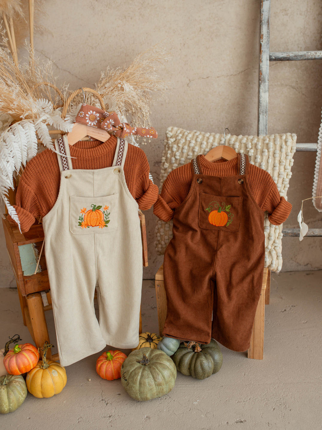 Pumpkin Patch rust cotton corduroy overalls with pumpkin and vine embroidery - Before & Ever Kids