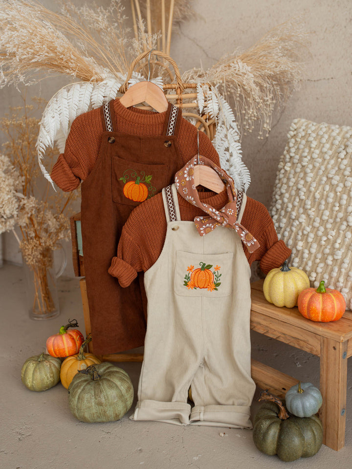 Pumpkin Patch rust cotton corduroy overalls with pumpkin and vine embroidery - Before & Ever Kids