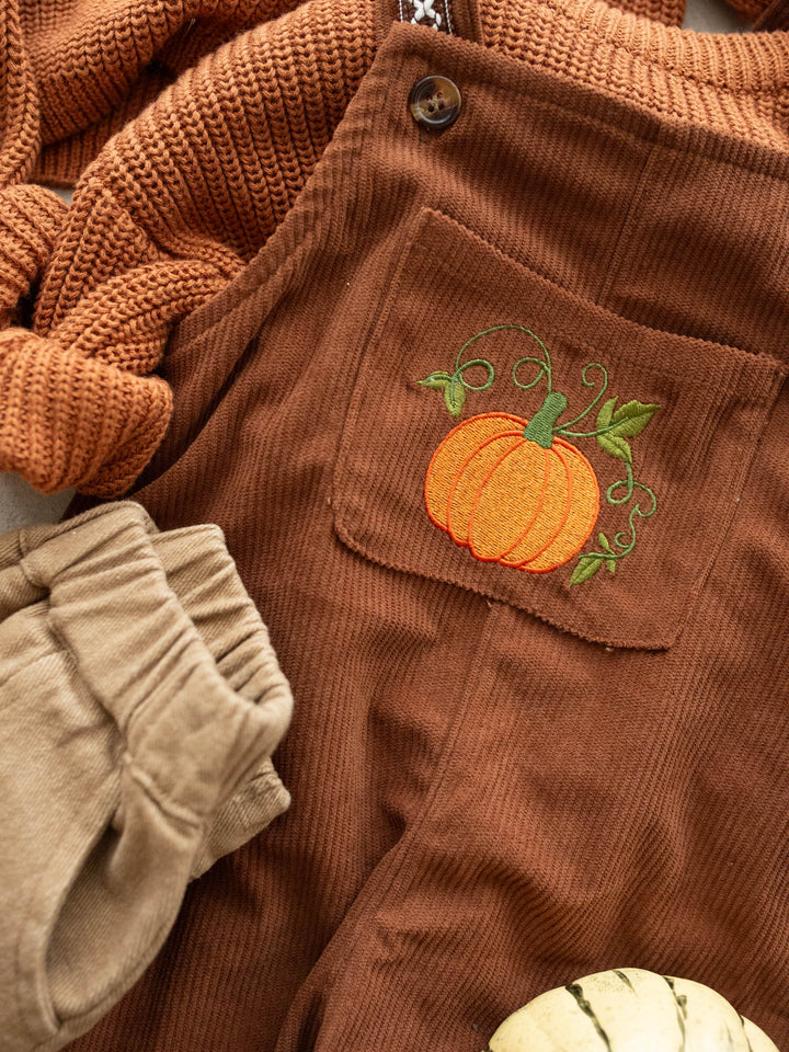 Pumpkin Patch rust cotton corduroy overalls with pumpkin and vine embroidery - Before & Ever Kids