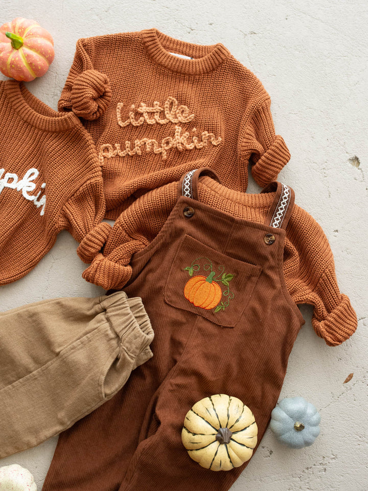 Pumpkin Patch rust cotton corduroy overalls with pumpkin and vine embroidery - Before & Ever Kids