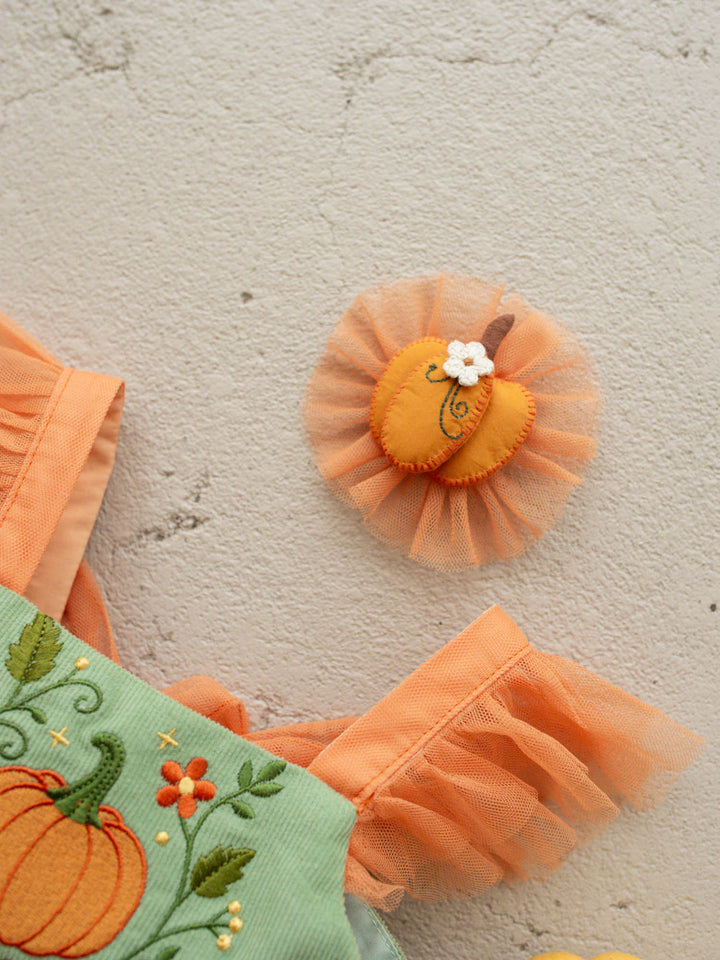 Pumpkin Posy orange tulle hair clip with felt pumpkin and crochet daisy - Before & Ever Kids