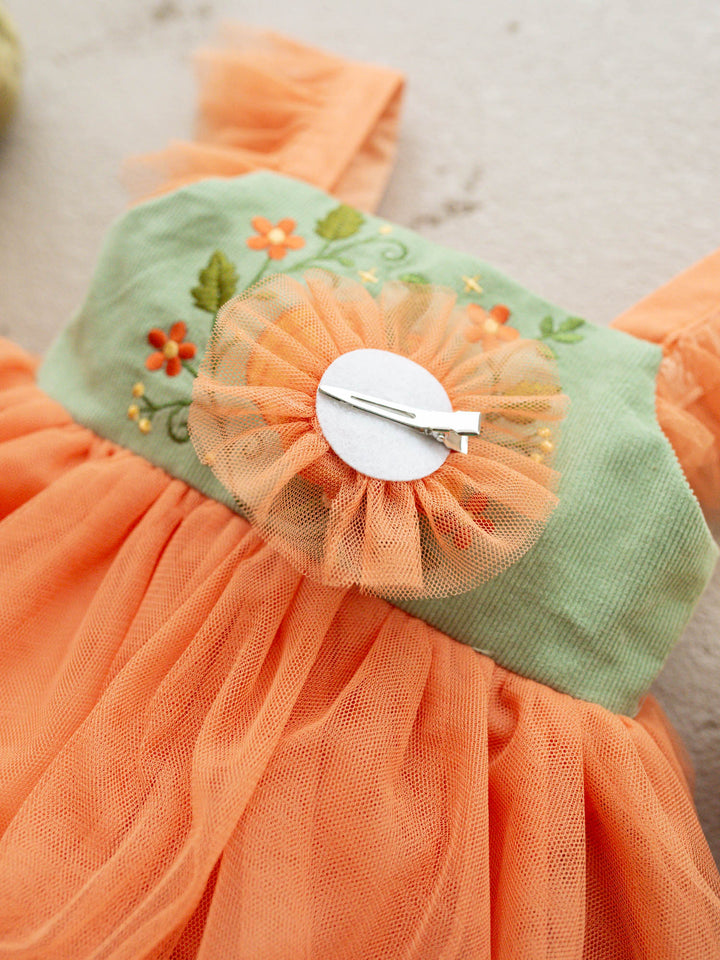 Pumpkin Posy orange tulle hair clip with felt pumpkin and crochet daisy - Before & Ever Kids