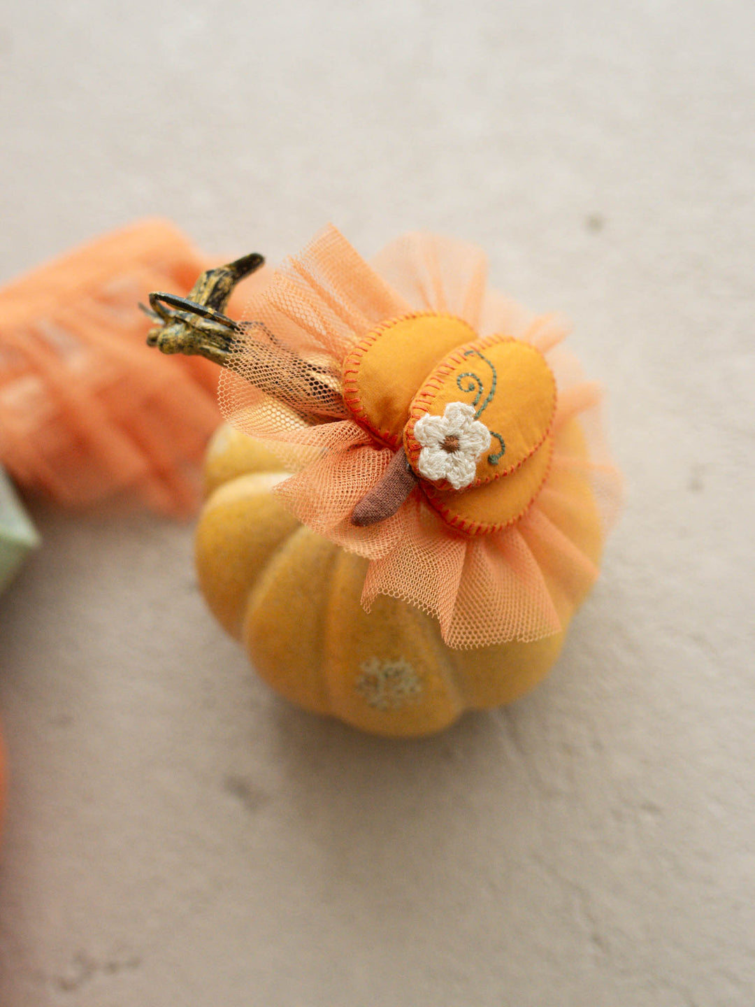 Pumpkin Posy orange tulle hair clip with felt pumpkin and crochet daisy - Before & Ever Kids